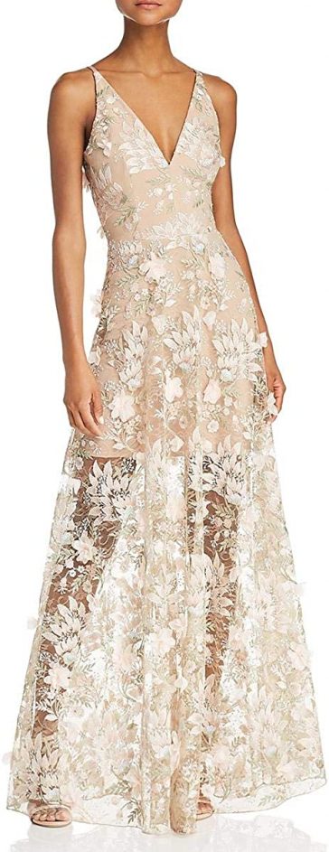 Dress the Population Women's Embellished Plunging Gown Sleev
