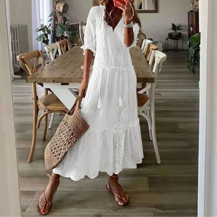 Women's Dresses 2024 Summer Fashion V-neck Vintage Party Wea